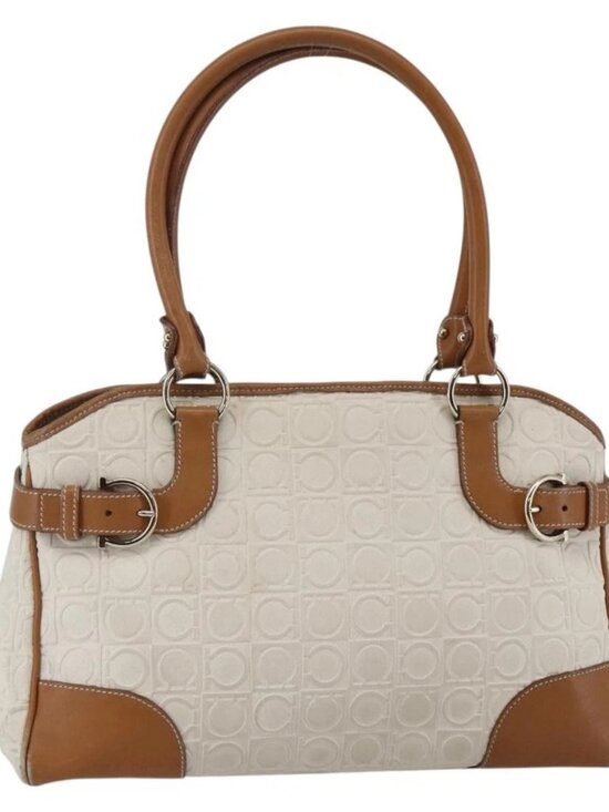 Salvatore Ferragamo Gancini Hand Bag Leather Ivory Gold Auth 147963 - Picture 1 of 16
